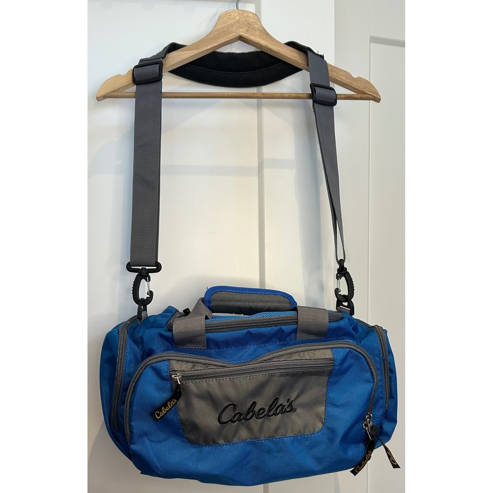 Cabelas Small Duffel Bag Blue Grey Shoulder Strap Outdoor Fishing Travel Gym Bag